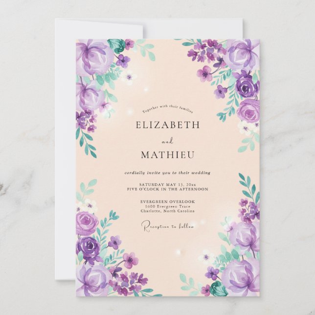 Convites Casamento dos Sonhos Botânicos de Lavanda (Frente)