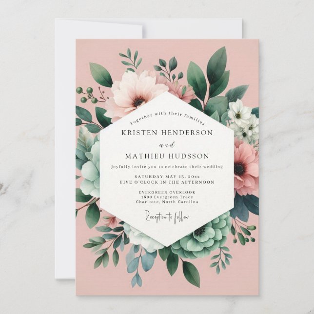 Convites Casamento dos Sonhos Botânicos Rosa (Frente)