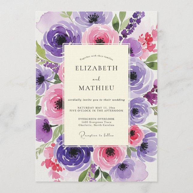 Convites Casamento dos Sonhos com Aquarela de Rosa Lavanda (Frente)