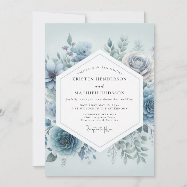 Convites Casamento dos Sonhos Florais Azul Ardesia (Frente)