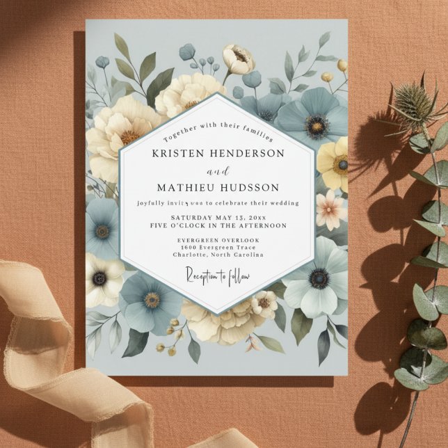 Convites Casamento dos Sonhos Florais Azul Ardesia (Criador carregado)