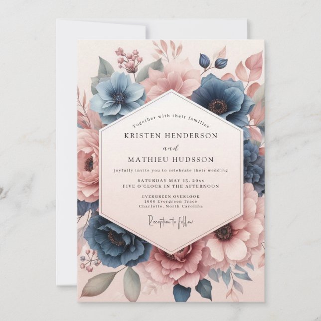 Convites Casamento dos Sonhos Florais em Azul Empoeirado (Frente)