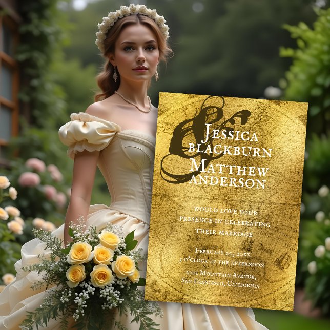 Convites Casamento Dourado Antiquado de Mapa do Velho Mundo (Old World Antique Gold Map Wedding Invitation. Model is AI Gen. )