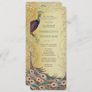 Convites Casamento Dourado Aqua EggPlant Art Nouveau Peacoc