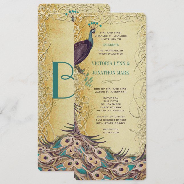 Convites Casamento Dourado Aqua EggPlant Art Nouveau Peacoc (Frente/Verso)