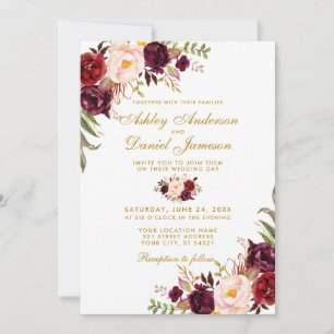 Convites Casamento Dourado Aquarela Floral Borgonha W