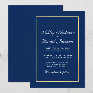 Convites Casamento Dourado Azul Clássico Elegante