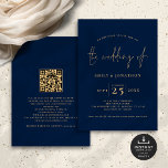 Convites Casamento Dourado Azul com Código QR de Script Min<br><div class="desc">Casamento Dourado Azul com Código QR de Script Minimalista. Disponível digitalmente e impresso. elegância clássica em azul escuro e ouro com este design de texto. O Casamento de está em um roteiro de na moda, e o resto das palavras que você pode personalizar facilmente. No verso, adicione um código QR...</div>