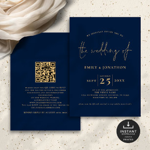 Convites Casamento Dourado Azul com Código QR de Script Min