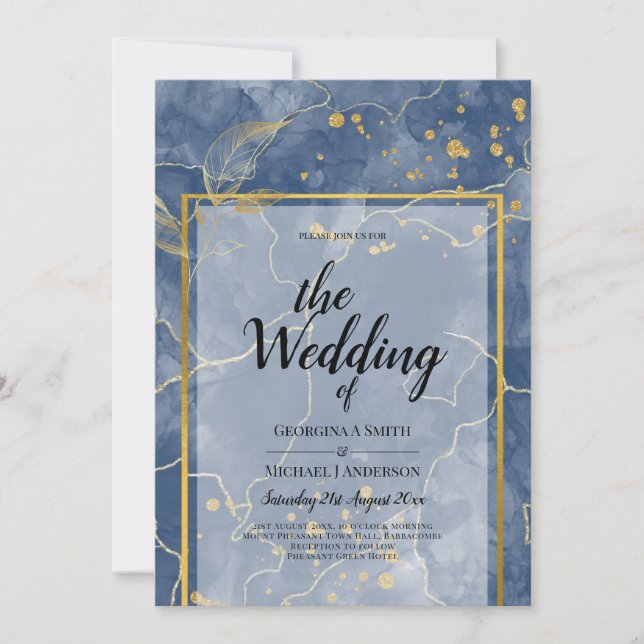 Convites Casamento Dourado Azul com Marinho LeahG INK (Frente)