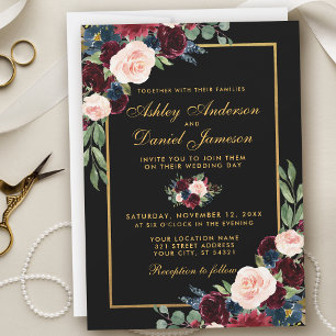 Convites Casamento Dourado Azul Floral Azul da Burgundy