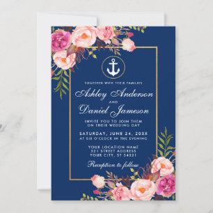 Convites Casamento Dourado Azul Floral, Cor-de-Rosa Náutica