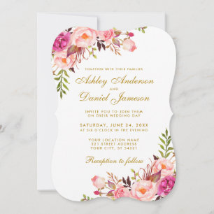Convites Casamento Dourado B, , Cor Floral, Rosa