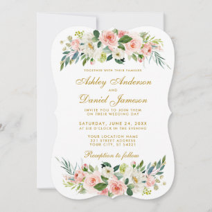 Convites Casamento Dourado  BG - Blush Floral Cor-de-Água R