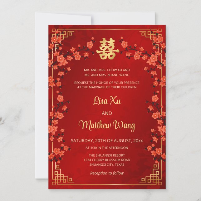 Convites Casamento Dourado BILINGUAL Red Chinese (Frente)