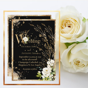 Convites Casamento Dourado Botânico Floral Negro