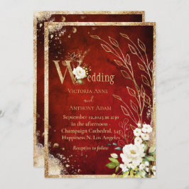 Convites Casamento Dourado Botânico Floral Vermelho Branco
