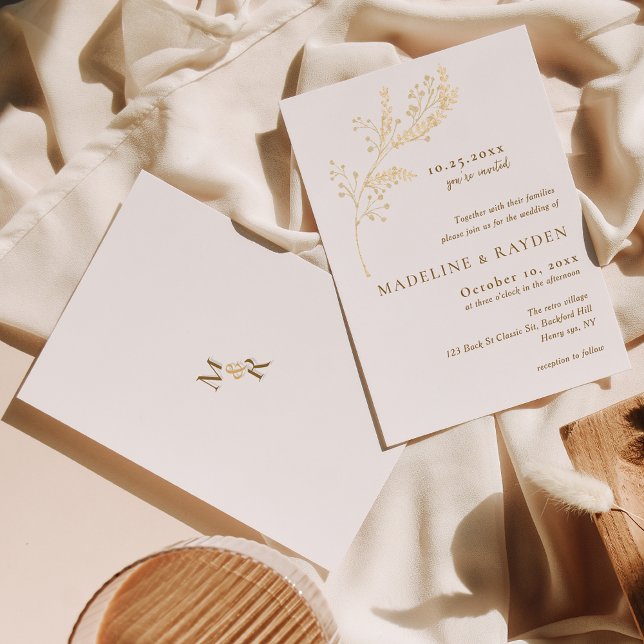 Convites Casamento Dourado Botânico Monograma Delicado (Criador carregado)