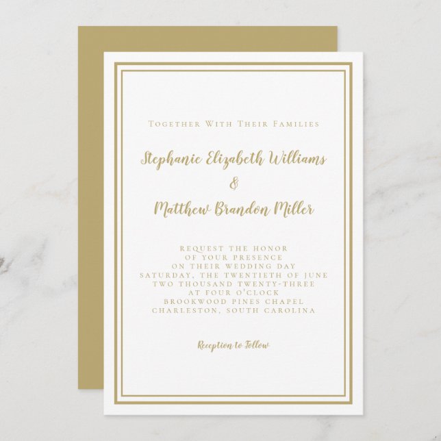 Convites Casamento Dourado Branco Clássico Simples e Minima (Frente/Verso)