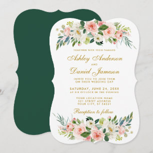 Convites Casamento Dourado Branco Cor Floral Cor-de-Água C