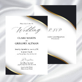 Convites Casamento Dourado branco preto elegante com RSVP