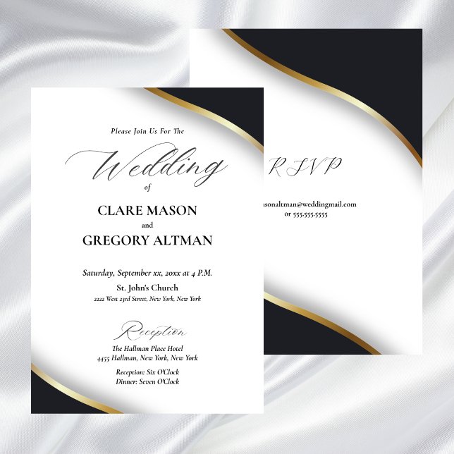 Convites Casamento Dourado branco preto elegante com RSVP (Elegant Black White Gold Wedding Invitation)