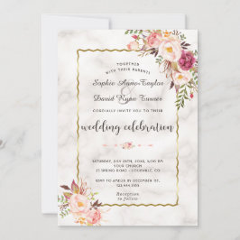 Convites Casamento Dourado brilhante de Mármore Floral Rosa