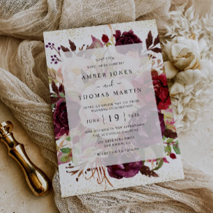 Convites Casamento Dourado Burgundy Elegante