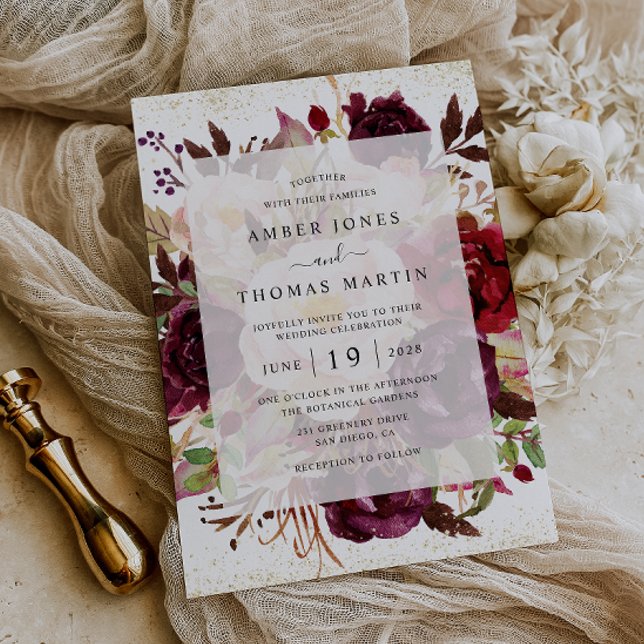 Convites Casamento Dourado Burgundy Elegante (Criador carregado)