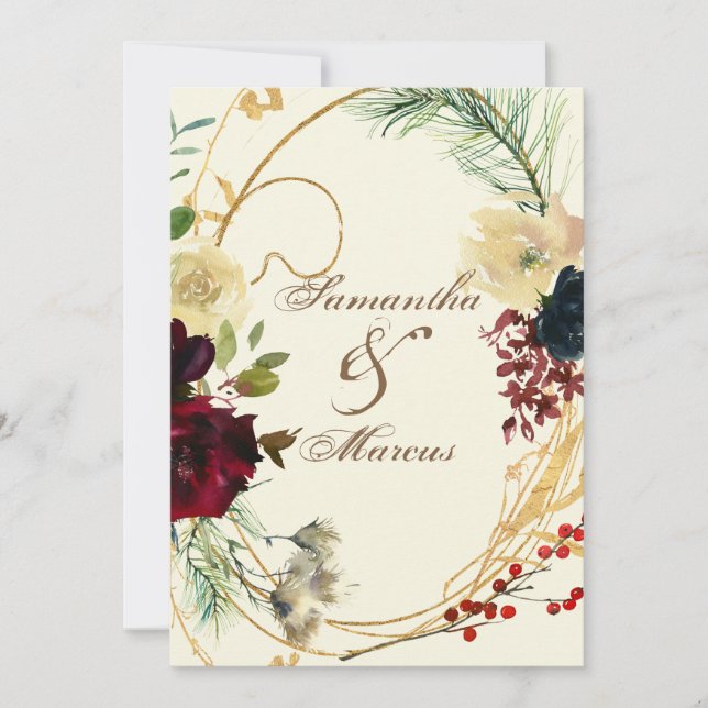 Convites Casamento Dourado Burgundy Red Watercolor (Frente)