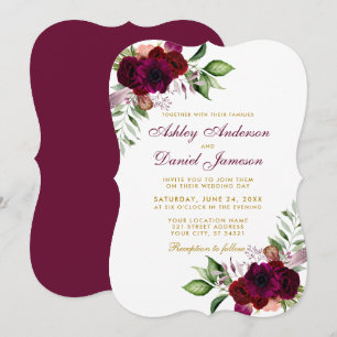 Convites Casamento Dourado Burgundy Watercolor Boho