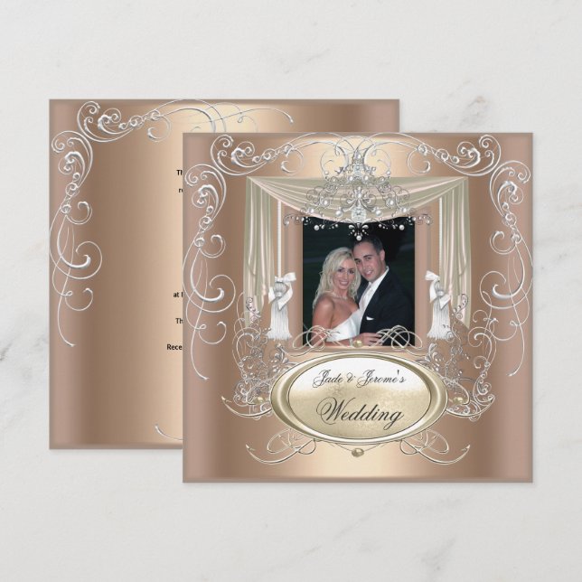 Convites Casamento Dourado Café Creme Prata Ornado Elegante (Frente/Verso)