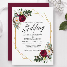 Convites Casamento Dourado Calliografia Burgundy Floral Gre