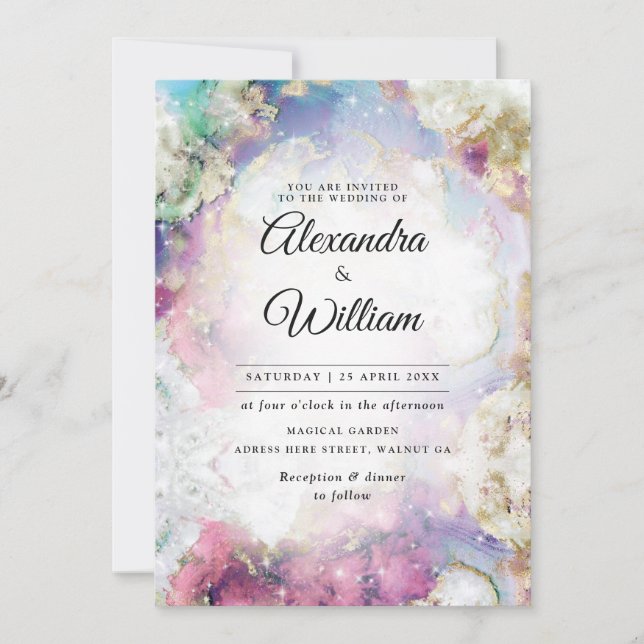 Convites Casamento Dourado Celestial Elegante Watercolor Mo (Frente)