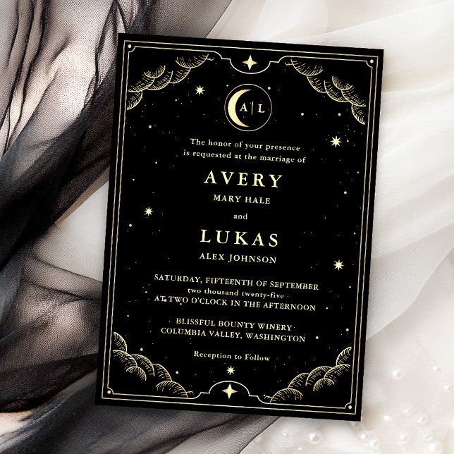 Convites Casamento Dourado Celestial Midnight Sky Black (Criador carregado)