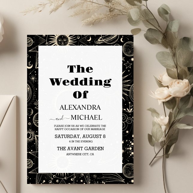 Convites Casamento Dourado Celestial Mystic Moon (Criador carregado)