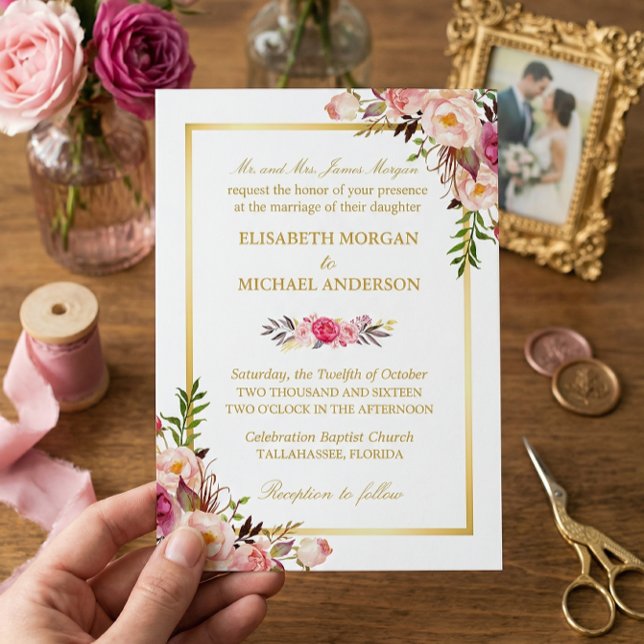 Convites Casamento Dourado Chic Floral Rosa-Esbranquiçado E (Criador carregado)