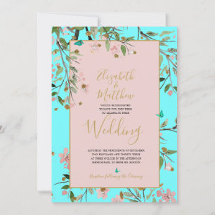 Convites Casamento Dourado Chinoiserie Floral Aqua Blue Ele