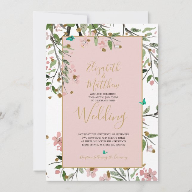 Convites Casamento Dourado Chinoiserie Floral Elegante Rosa (Verso)