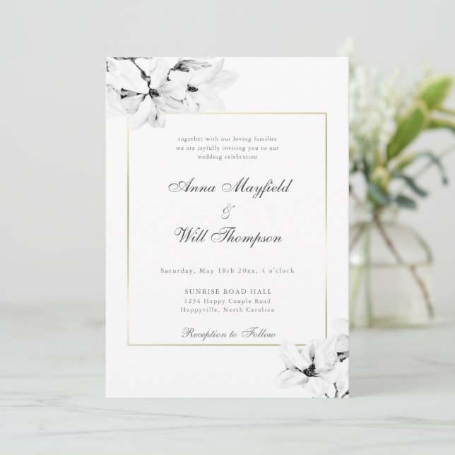 Convites Casamento Dourado Clássico da Magnolia Moderna Ele (Em pé/Frente)