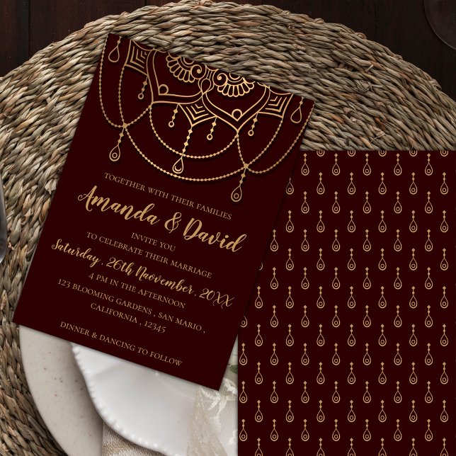 Convites Casamento Dourado clássico de Design vermelho maro (Classic Maroon Red Gold Traditional Design Wedding Invitation)