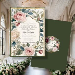 Convites Casamento Dourado Clássico de Elegante Floral Vint