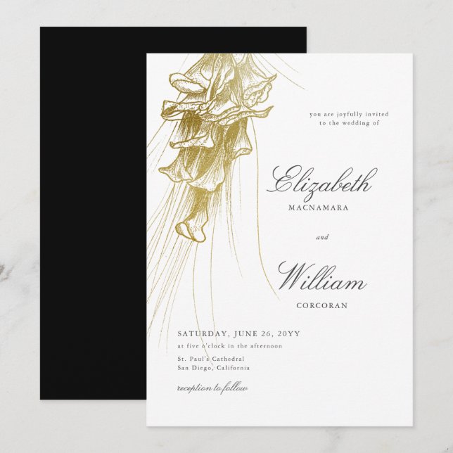 Convites Casamento Dourado Clássico Elegante Calla Lily BW (Frente/Verso)