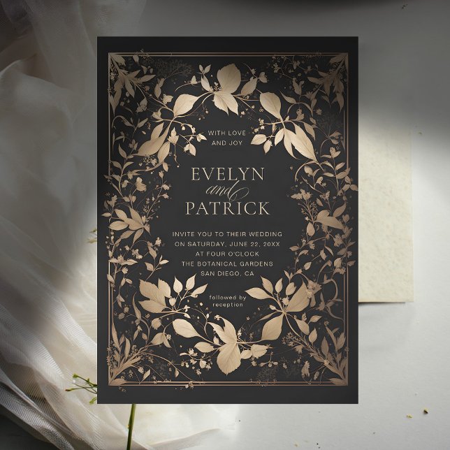 Convites Casamento Dourado Clássico Moderno da Floresta Moo (moody forest wedding invitation botanical frame dark gold elegant modern classic woodland fairy)