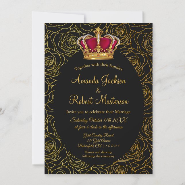 Convites Casamento Dourado com a Coroa Negra (Frente)