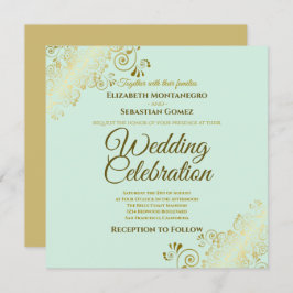 Convites Casamento Dourado com a Elegante Mint Green Square
