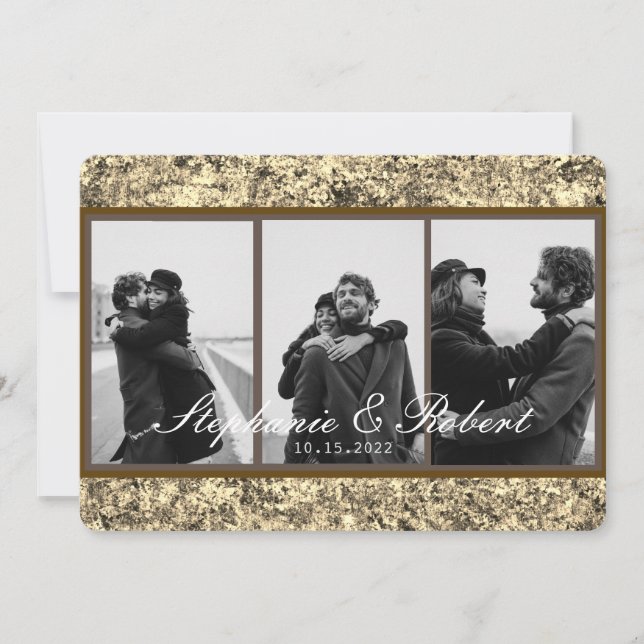 Convites Casamento Dourado com Abstrato de Leitura com Três (Frente)