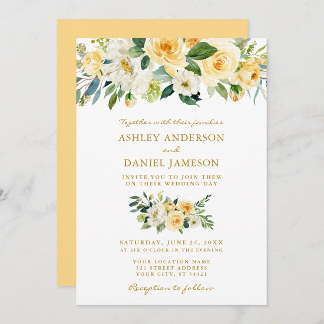 Convites Casamento Dourado com Amarelo Floral Amarelo (Frente/Verso)