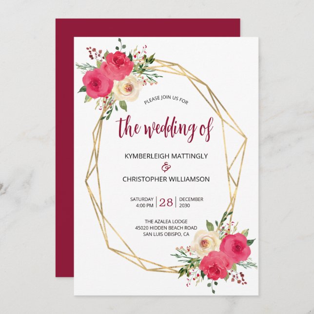 Convites Casamento Dourado com Aquarela Geométrica Burgundy (Frente/Verso)