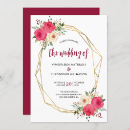 Convites Casamento Dourado com Aquarela Geométrica Burgundy